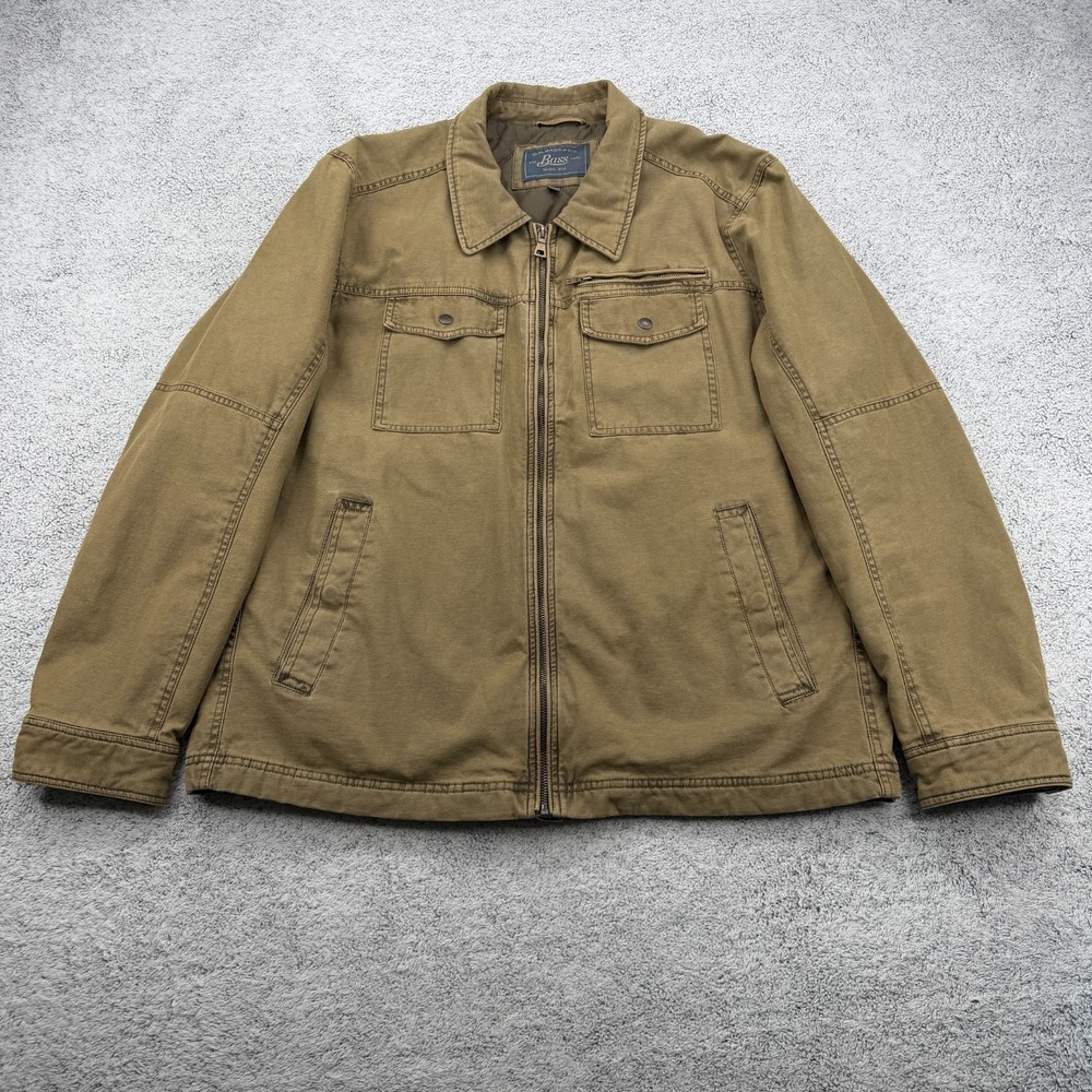 GH Bass Field Jacket Men XL Olive Brown Canvas Cotton Zip Flap Pocket Chore Coat